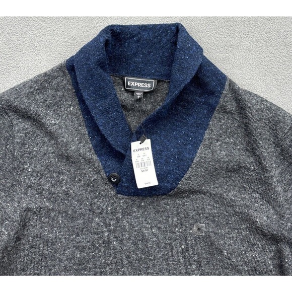 NEW Express Merino Wool Shawl Neck Sweater Mens Size M Gray Wool Blend - Picture 2 of 7